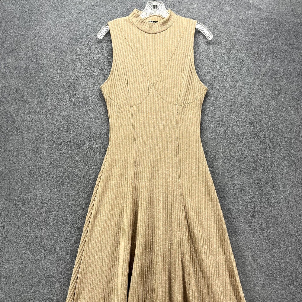 Zara Ribbed Dress womens Size L Tan Sleeveless Stretch metallic thread Halter - Picture 2 of 16